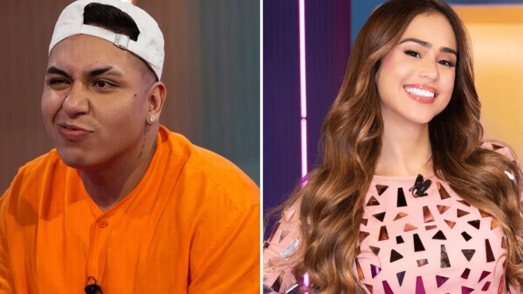 Split image: left shows a man in an orange shirt and white cap, right shows a smiling woman with long wavy hair in a pink geometric-pattern top.