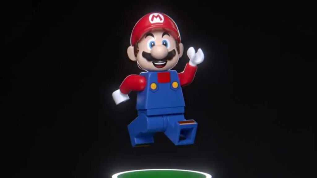 LEGO-style Mario figure in blue overalls and red hat jumping above a glowing green platform against a black background.