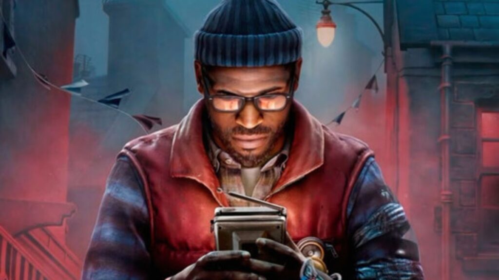 Man wearing a blue beanie and glasses, in a red jacket, looking down at a handheld device in a foggy urban alley at night.