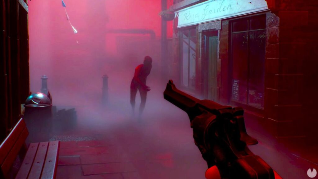 First-person view holding a handgun in a red, foggy alley with a blurred figure in the background.