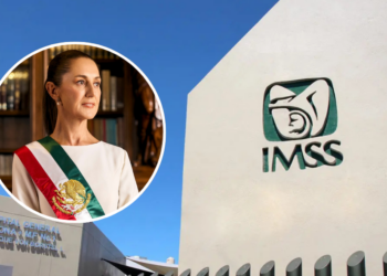 Exterior of the IMSS building with its logo; inset shows a woman in a white dress wearing a Mexican tricolor sash.